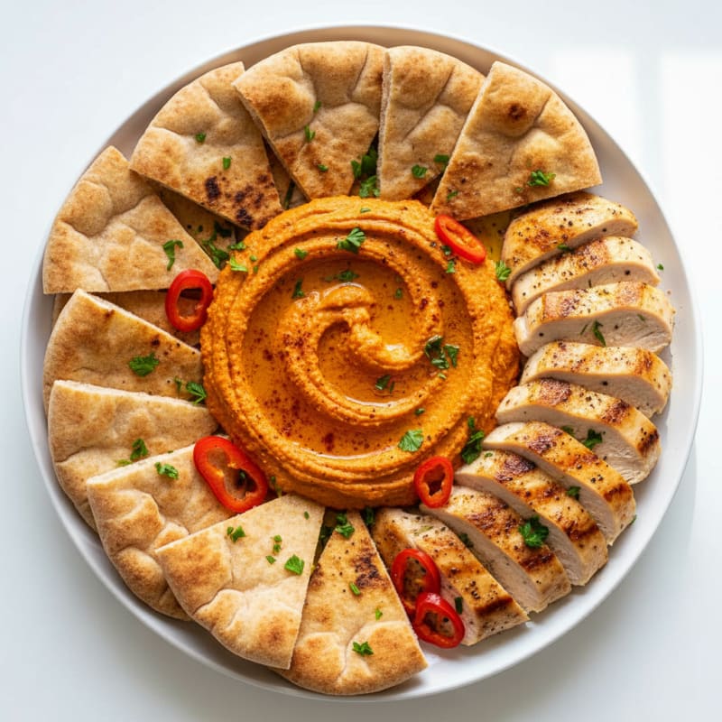 Roasted Red Pepper Hummus with Toasted Pita and Chicken
