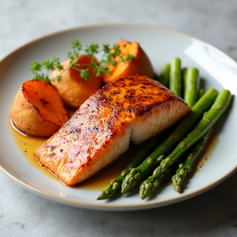 Seared Salmon with Roasted Sweet Potato and Asparagus