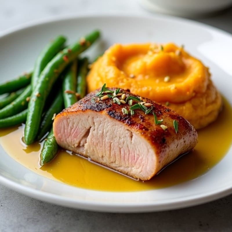 Seared Pork Tenderloin with Garlic Green Beans and Mashed Sweet Potato