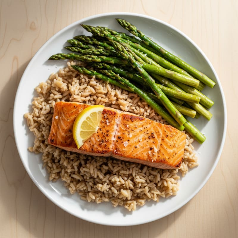 Seared Salmon with Steamed Asparagus and Brown Rice