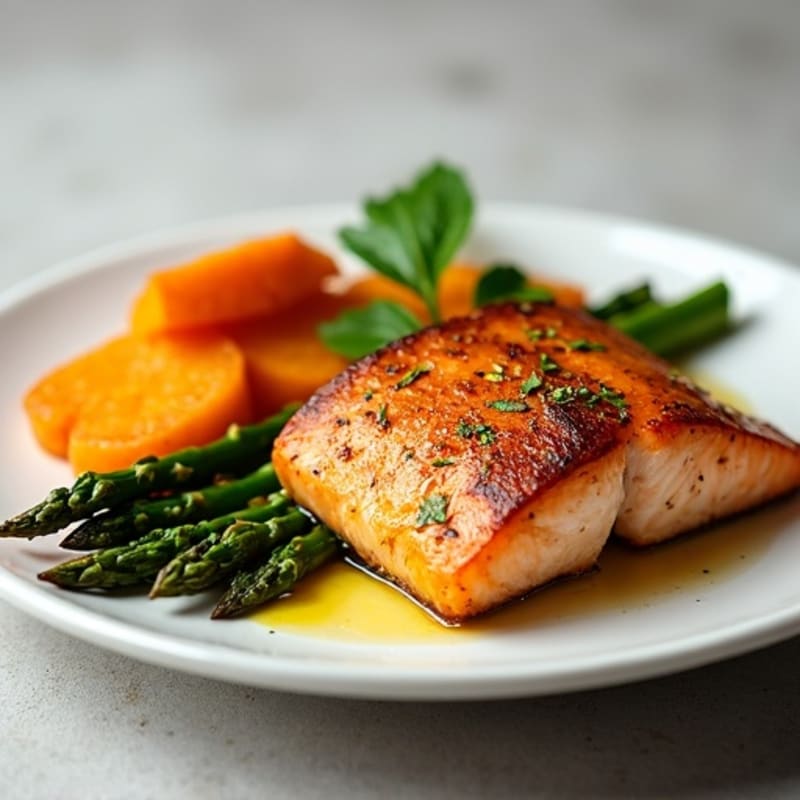 Seared Salmon with Roasted Sweet Potato and Asparagus