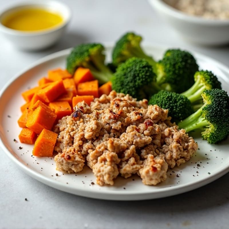 Crispy Ground Turkey with Roasted Broccoli and Sweet Potato