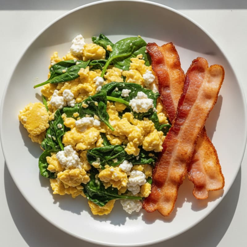 Cottage Cheese Scramble with Spinach and Turkey Bacon