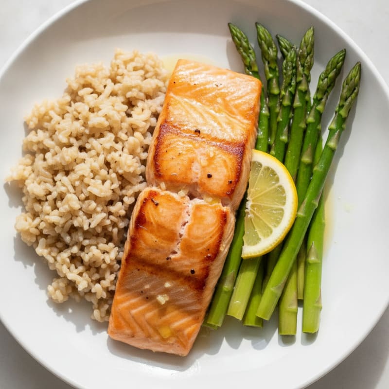 Seared Salmon with Steamed Asparagus and Brown Rice