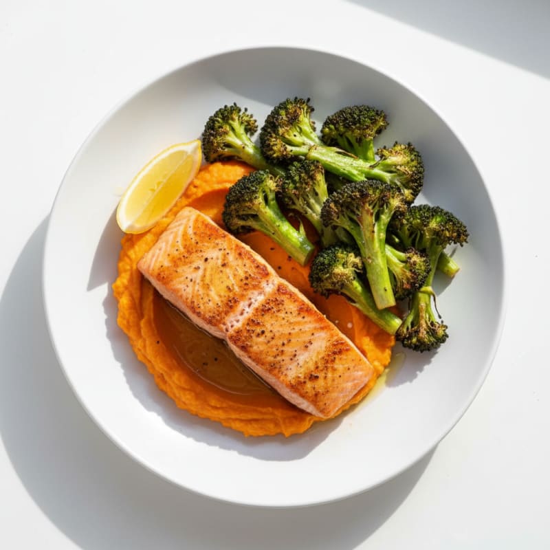 Seared Salmon Filet with Roasted Broccoli and Sweet Potato Mash