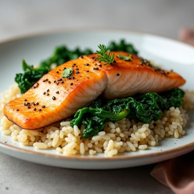 Seared Salmon with Garlic Spinach and Brown Rice