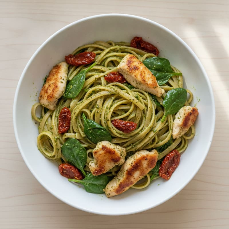 Pesto Chicken Linguine with Sun-Dried Tomatoes