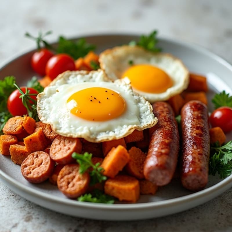 Crispy Sweet Potato and Turkey Sausage Hash with Eggs