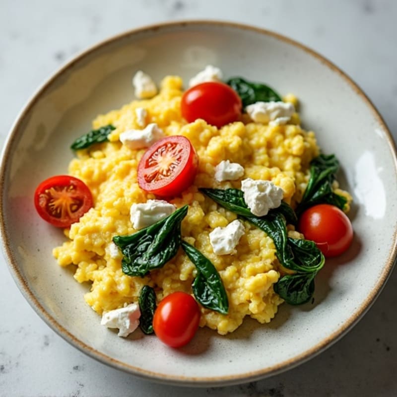 Creamy Scrambled Eggs with Sautéed Spinach and Cherry Tomatoes