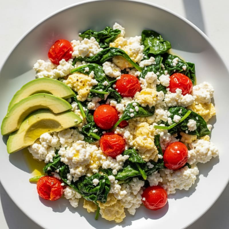 Egg White and Cottage Cheese Scramble with Spinach and Cherry Tomatoes