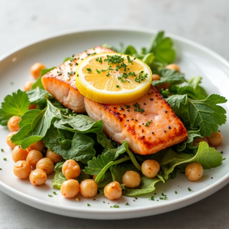Grilled Salmon over Mixed Greens with Chickpeas