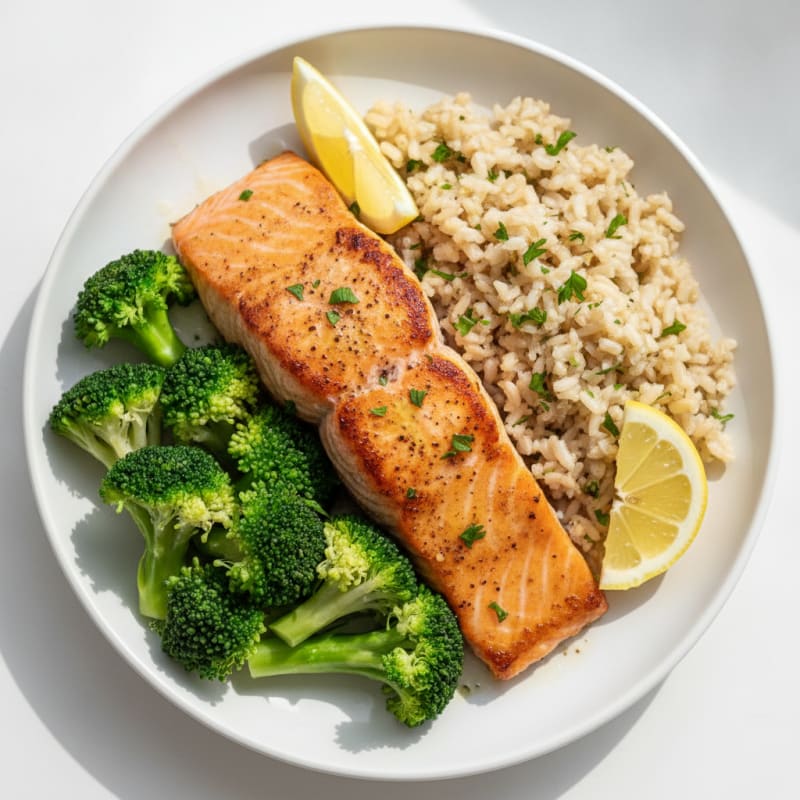 Seared Salmon with Steamed Broccoli and Herb Rice