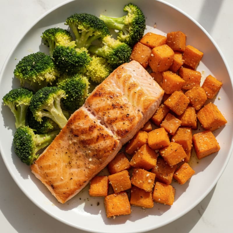 Seared Salmon with Roasted Sweet Potato and Steamed Broccoli