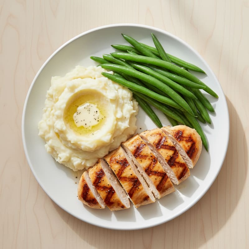 Grilled Chicken Breast with Creamy Mashed Potatoes and Steamed Green Beans