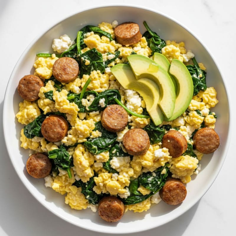 Cottage Cheese Scramble with Spinach and Turkey Sausage