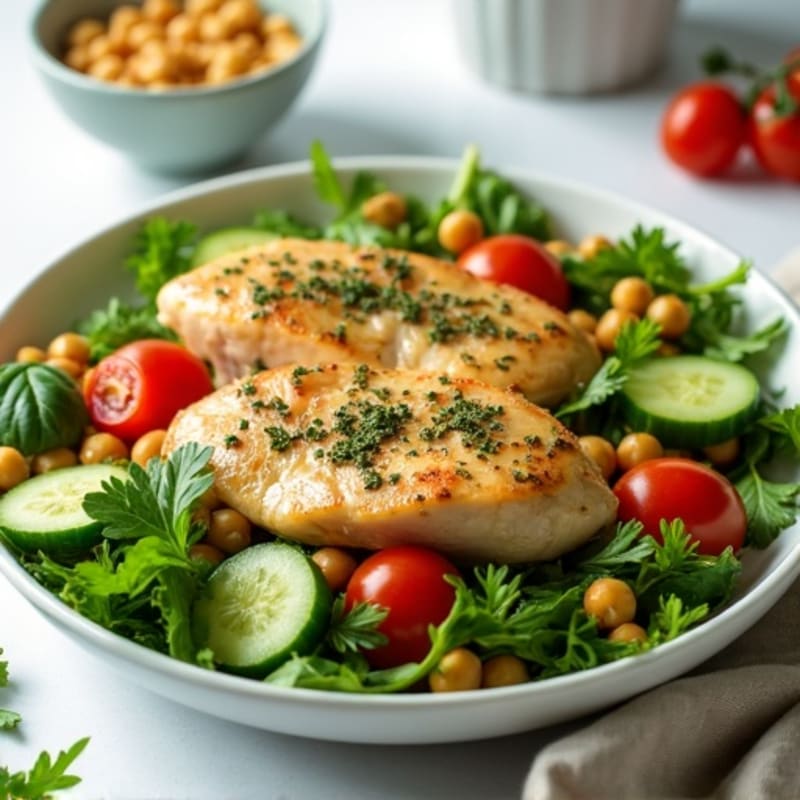 Herb-Marinated Chicken with Fresh Greens and Hearty Chickpea Salad