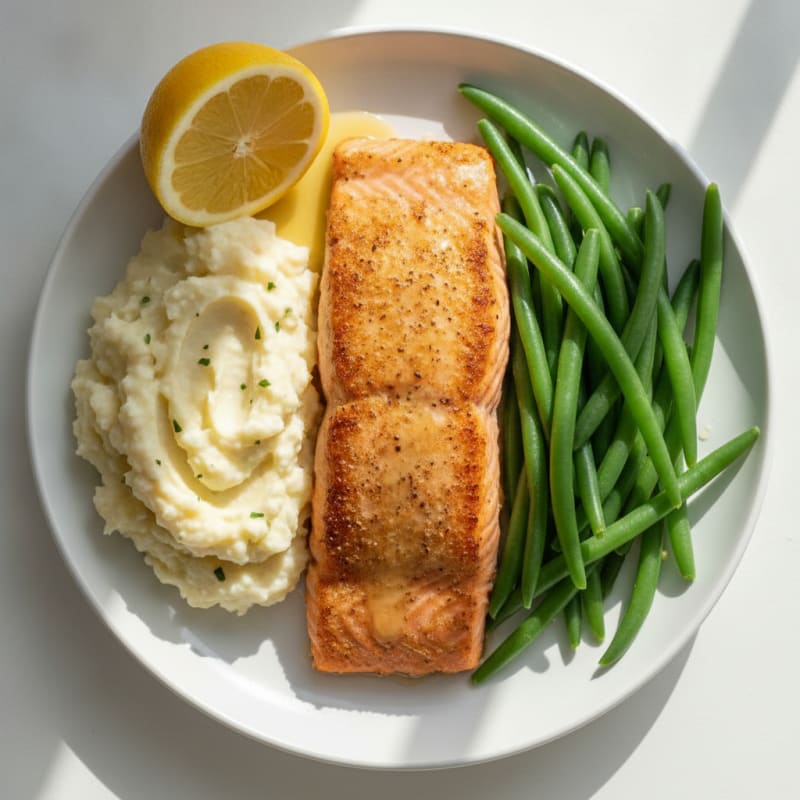 Seared Salmon with Steamed Green Beans and Garlic Mashed Cauliflower