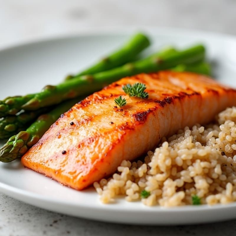 Seared Salmon Fillet with Steamed Asparagus and Brown Rice