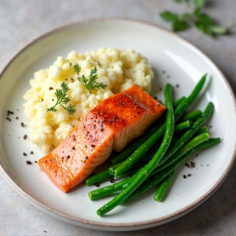 Seared Salmon Fillet with Steamed Green Beans and Garlic Mashed Cauliflower