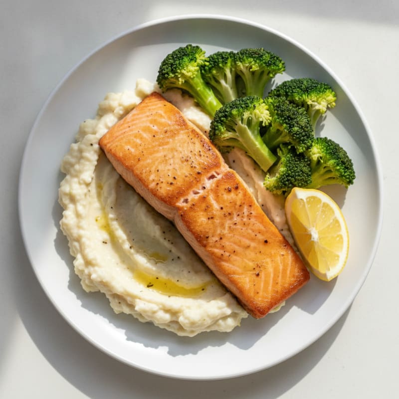 Seared Salmon Fillet with Steamed Broccoli and Garlic Cauliflower Mash