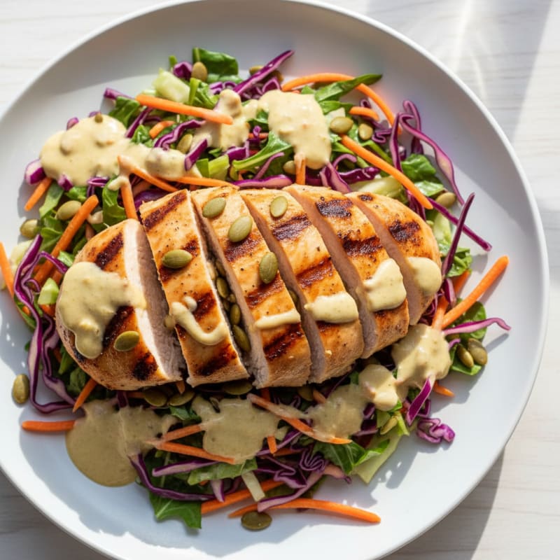 Grilled Chicken Breast with Crunchy Cabbage Slaw and Lemon Tahini Dressing