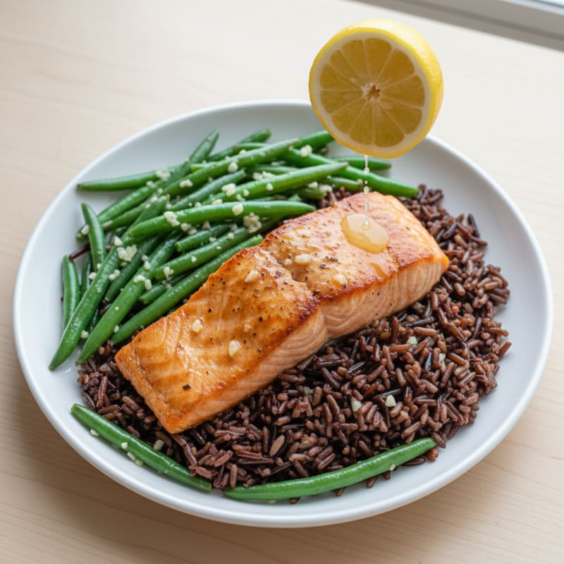 Seared Salmon with Garlic Green Beans and Wild Rice