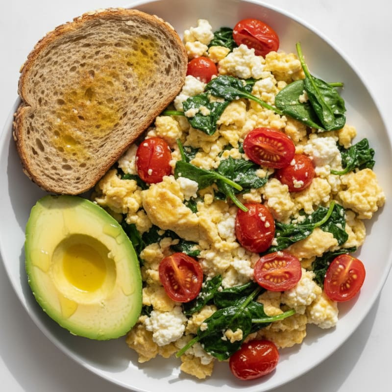 Cottage Cheese Scramble with Spinach and Cherry Tomatoes