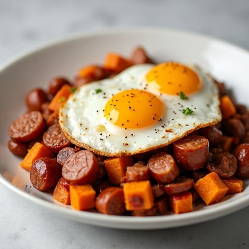 Sweet Potato and Turkey Sausage Hash with Sunny-Side Up Eggs