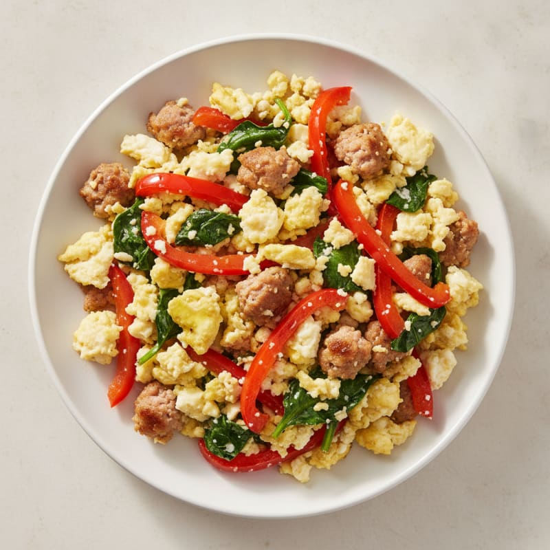 Egg White and Turkey Sausage Scramble with Spinach and Bell Peppers