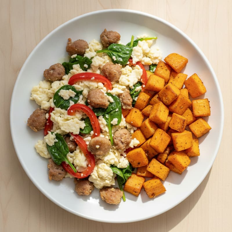 Egg White and Turkey Sausage Scramble with Roasted Sweet Potatoes