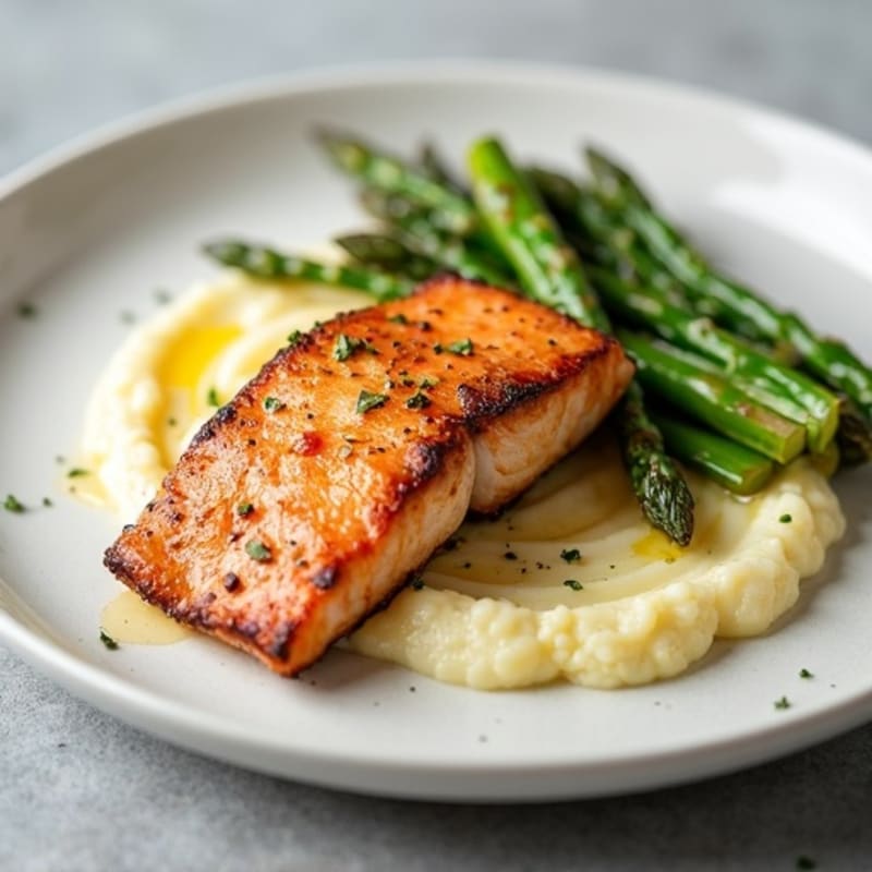 Seared Salmon with Roasted Asparagus and Cauliflower Mash