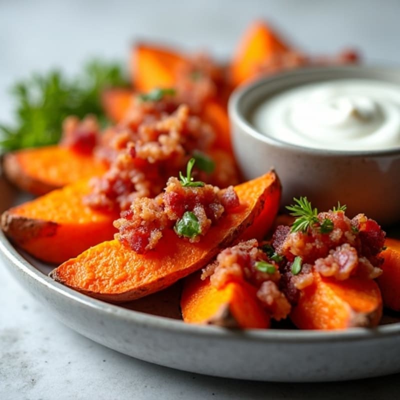Crispy Sweet Potato Wedges with Turkey Bacon Crumbles