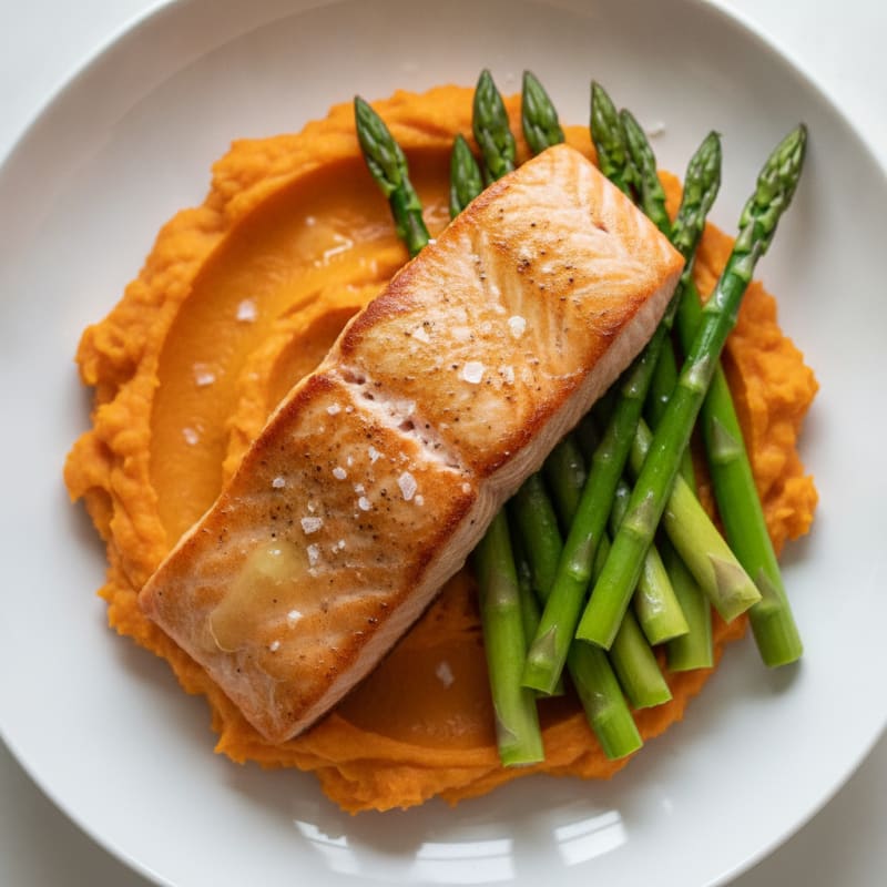 Seared Salmon with Steamed Asparagus and Sweet Potato Mash