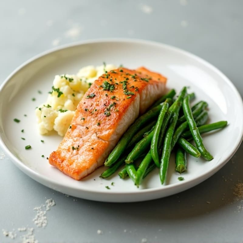 Seared Salmon with Garlic Green Beans and Mashed Cauliflower