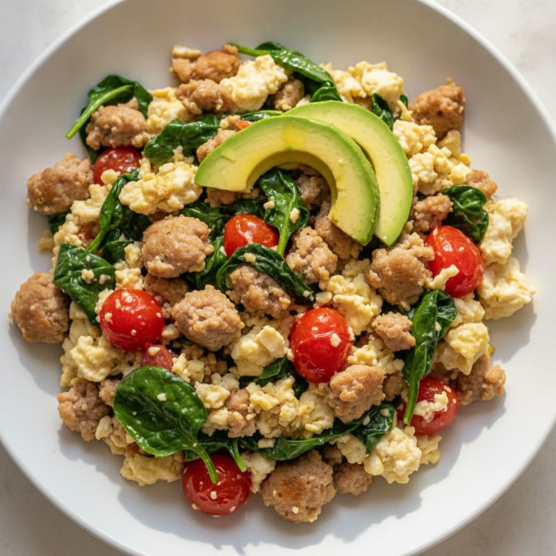 Egg White and Turkey Sausage Scramble with Spinach and Tomatoes