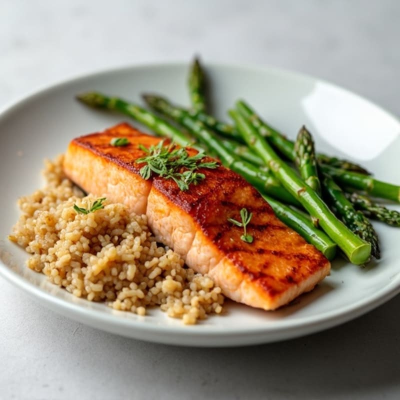 Seared Salmon Fillet with Steamed Asparagus and Brown Rice