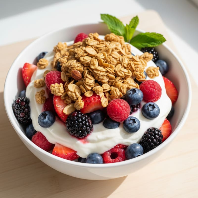 Creamy Greek Yogurt Parfait with Mixed Berries and Protein Granola