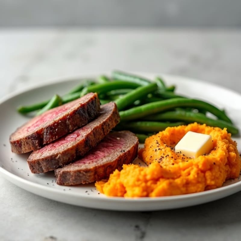 Seared Beef Strips with Steamed Green Beans and Sweet Potato Mash