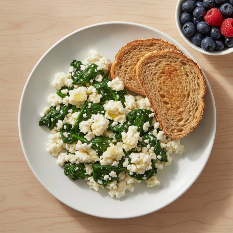 Egg White and Spinach Scramble with Cottage Cheese and Fresh Berries