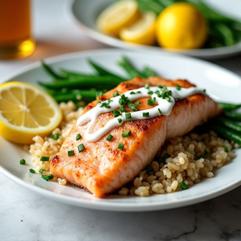 Seared Salmon with Garlic Green Beans and Brown Rice