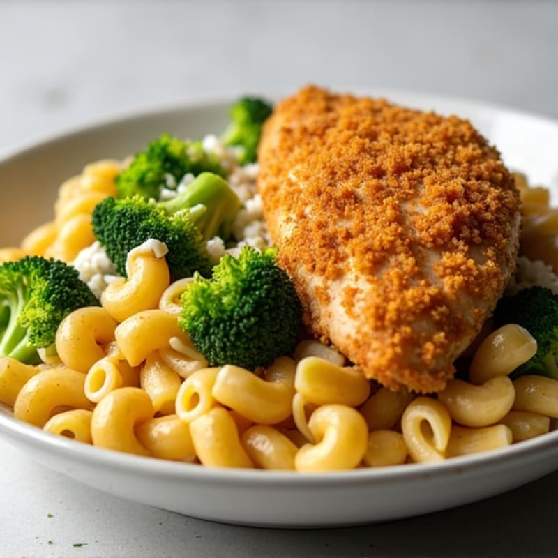 Crispy Baked Chicken and Whole Wheat Pasta with Cheesy Broccoli Sauce