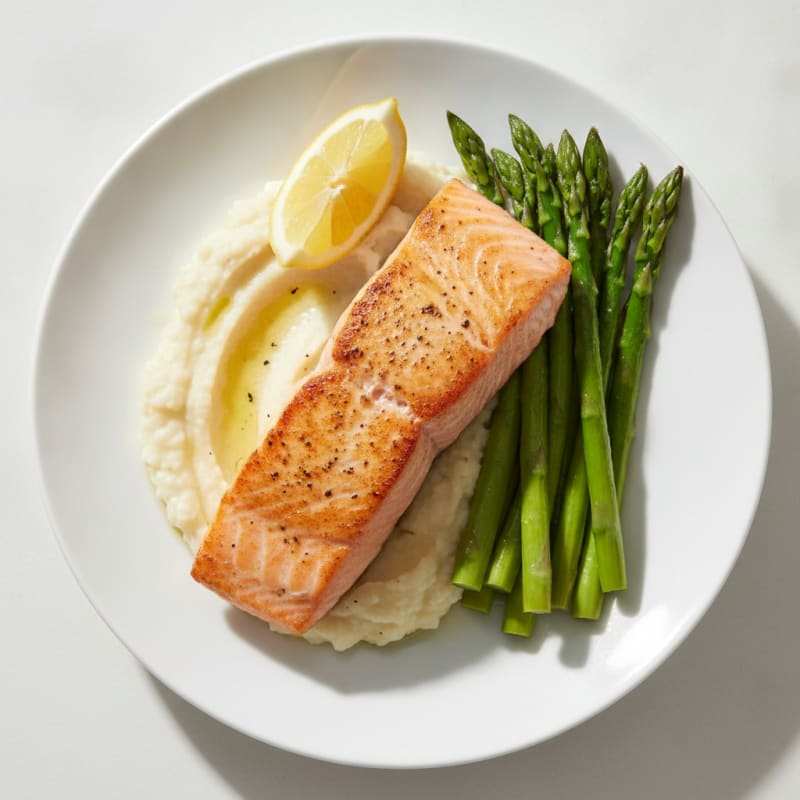 Seared Salmon with Steamed Asparagus and Cauliflower Mash