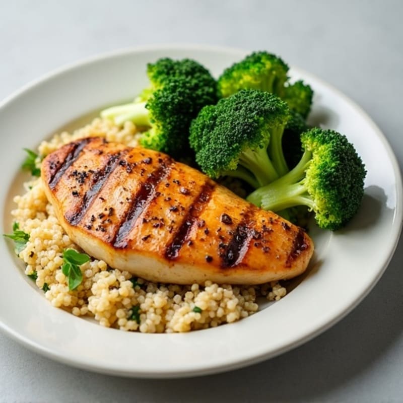 Grilled Chicken Breast with Steamed Broccoli and Quinoa