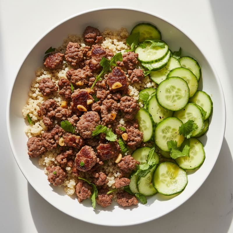 Grilled Beef Mince and Cucumber Salad with Quinoa