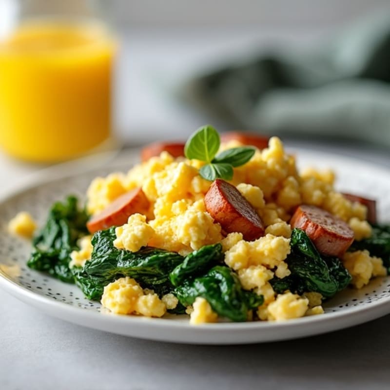 Egg White and Turkey Sausage Scramble with Cottage Cheese and Sautéed Spinach
