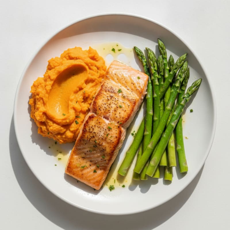 Seared Salmon with Steamed Asparagus and Mashed Sweet Potato