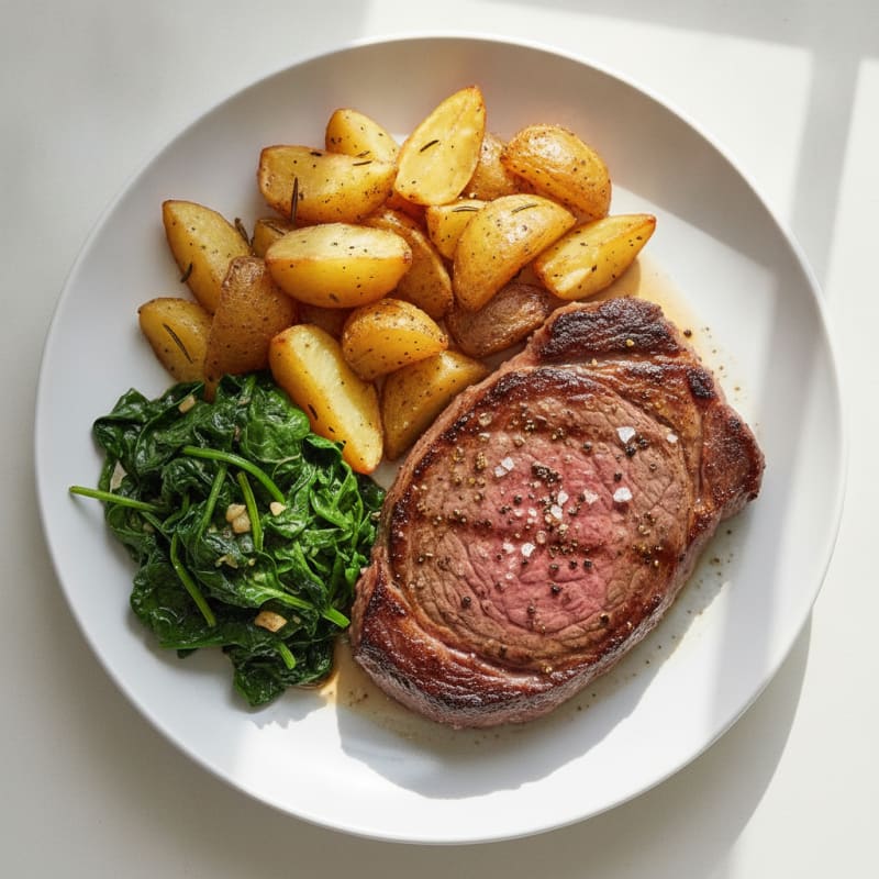 Pan-Seared Ribeye with Roasted Potatoes and Spinach