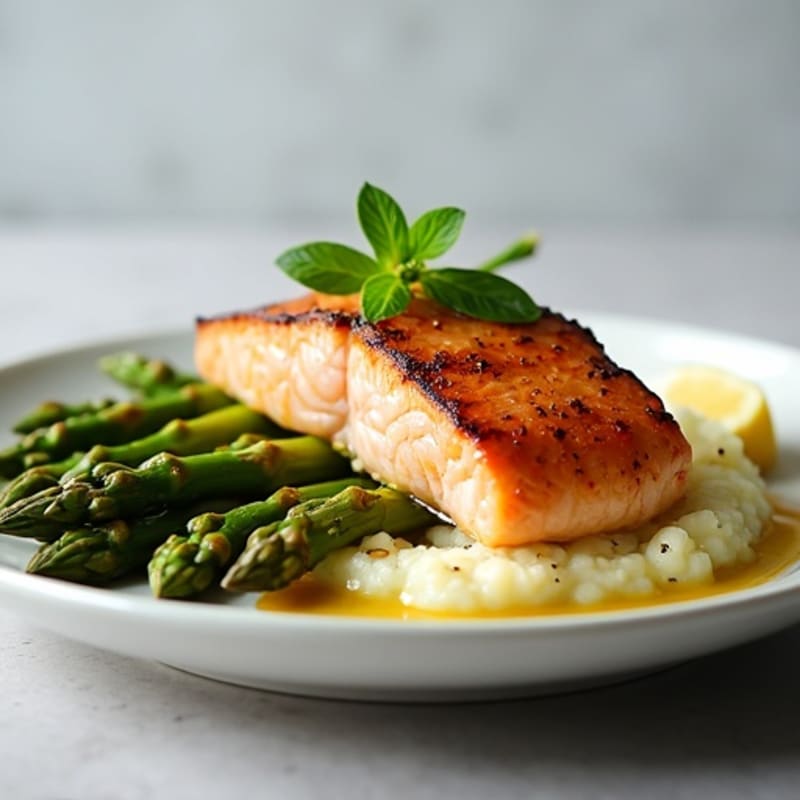 Seared Salmon Fillet with Roasted Asparagus and Cauliflower Mash