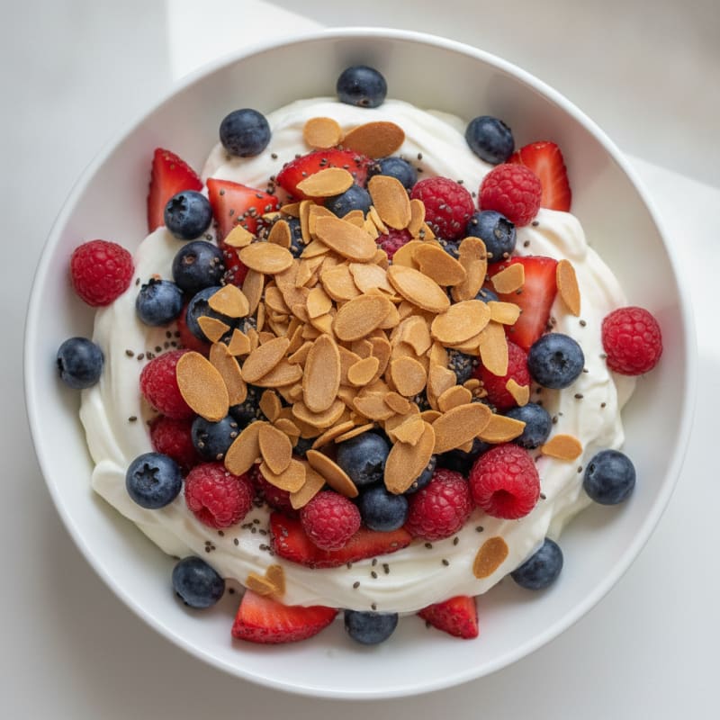 Greek Yogurt Protein Parfait with Mixed Berries and Almonds