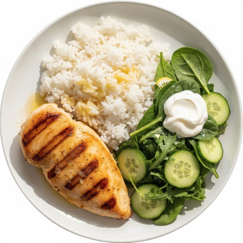 Grilled Chicken Breast with Steamed Rice and Mixed Greens